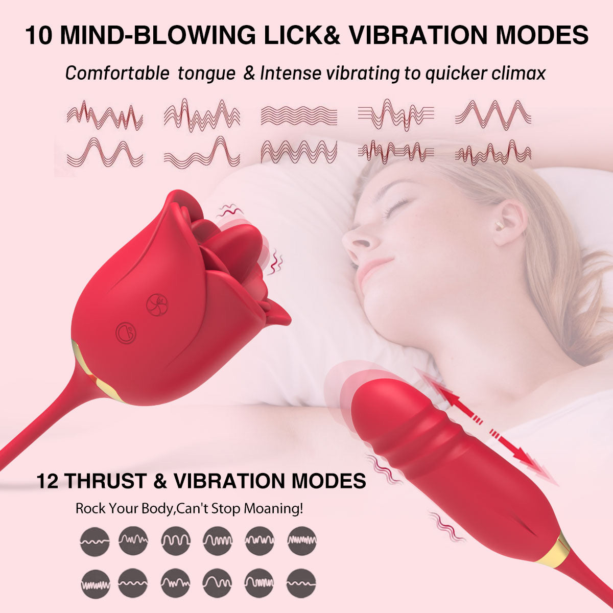 Rose Clitoral Vibrator with Licking Tongue & Thrusting Vibration Modes – 10 Lick & 12 Vibration Patterns for Intense Pleasure